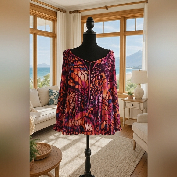 New Boho Chic 2X Bold Butterfly Artisy Pleated Colorful Relaxed Fit Blouse - Picture 1 of 8